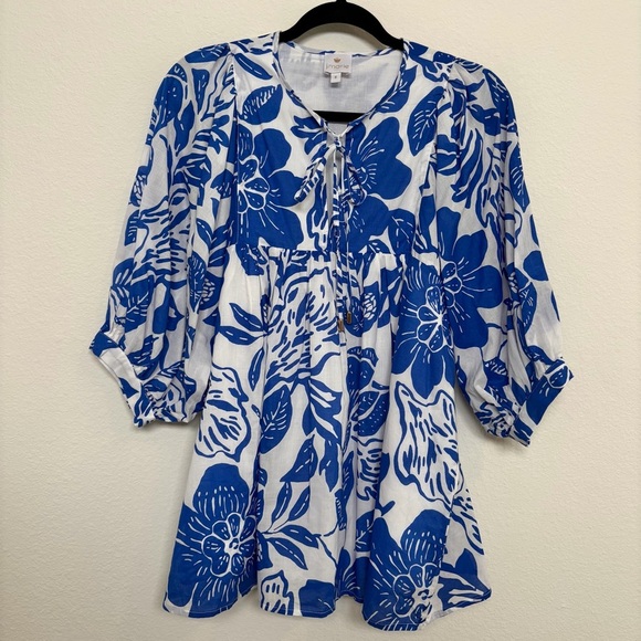 J. Marie Laken Puff Sleeve Tunic Blue White Floral Size Small - Picture 2 of 9